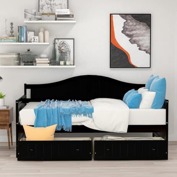 ANBAZAR Twin Size Espresso Wood Daybed Frame with Drawers Dual-use Twin Sofa Bed Frame for Living Room No Box Spring Needed