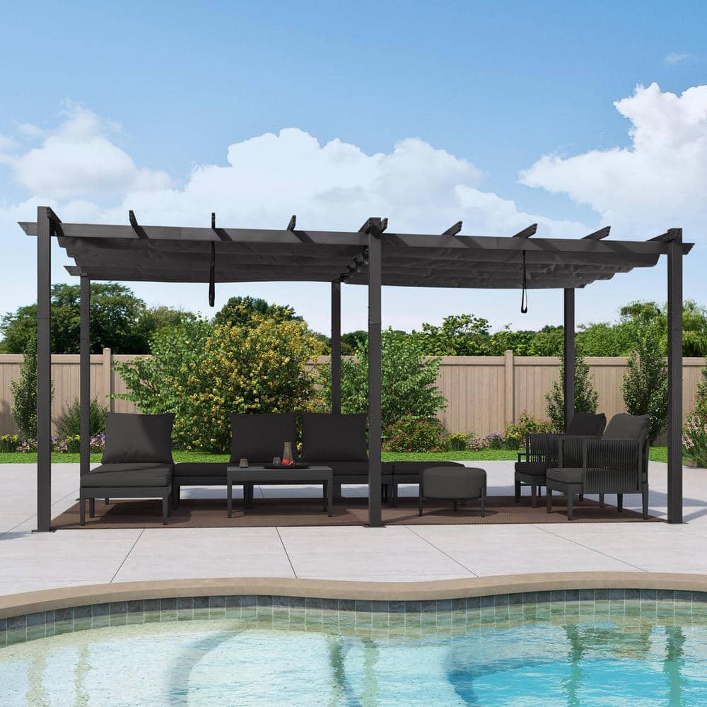 Gray Aluminum Pergola with Retractable Canopy, 10' x 18'