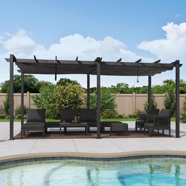 10 ft. W x 18 ft. D Modern Gray Aluminum Pergola with Two Individual Adjustable Gray UV Resistant Sun Shelter Canopies