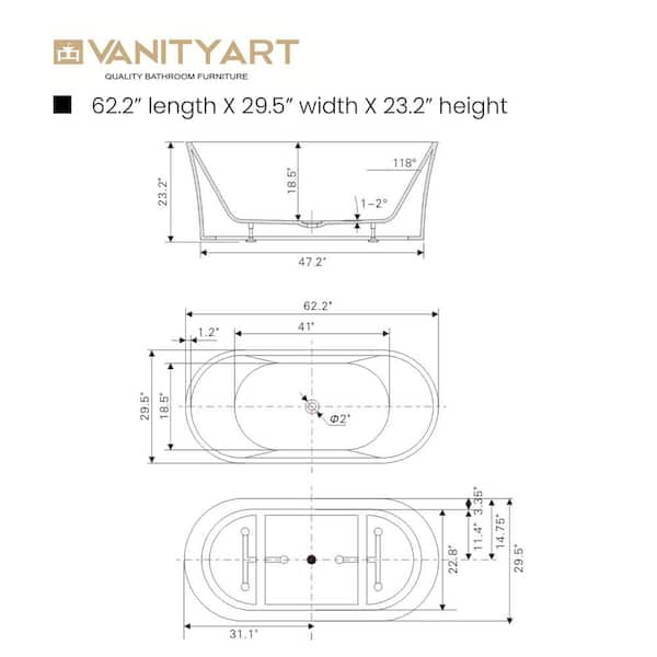 Vanity Art Antony 63 in. Acrylic Flatbottom Freestanding Bathtub in White