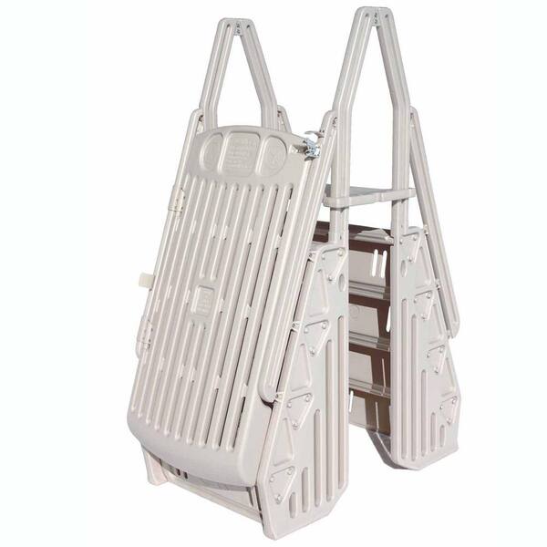The Vinyl Works Adjustable A Frame Above Ground Pool Ladder with Gate, 32 in. Pool Size Width and Standard Bead Liner Bead, White