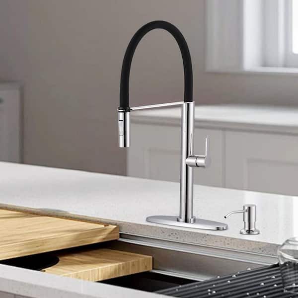 21.2 in. Single Handle Pull Down Sprayer Kitchen Faucet with Soap Dispenser and 360 Degree Spout Swivel in Chrome