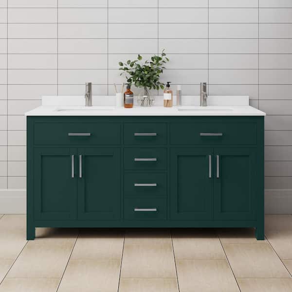 Wyndham Collection Beckett 66 in. W x 22 in. D x 35 in. H Double Sink Bathroom Vanity in Green with White Cultured Marble Top
