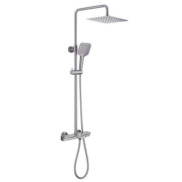 3-Spray Patterns Thermostatic Rain Shower Faucet Wall Mount 9.8 in. Handheld Shower Head 1.8 GPM in Brushed Nickel