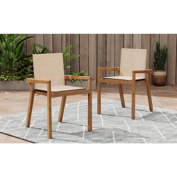 Unbranded Teak Wood Outdoor Dining Chair in Beige Set of 2