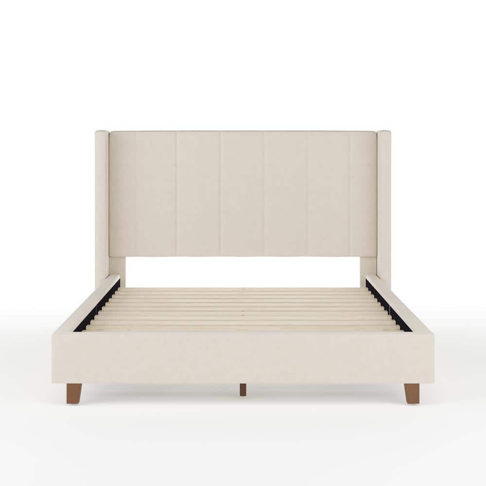 Beige Linen Upholstered Full Platform Bed with Wood Frame