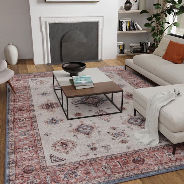 Wipe Up Areyn Beige Washable 7 ft. 6 in. x 9 ft. 6 in. Oriental Polyester Indoor Area Rug