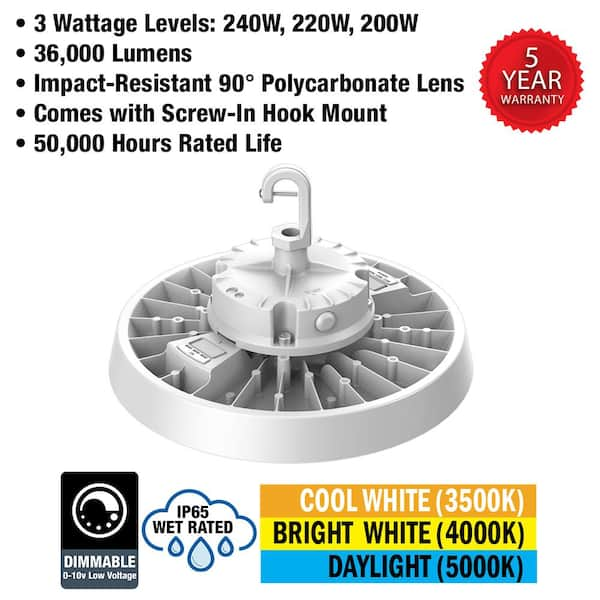 ETi 400-Watt Equivalent 11 in. Round Integrated LED White High Bay Light  27000-36000 Lumens Adjustable CCT 120-277v 63816201 The Home Depot