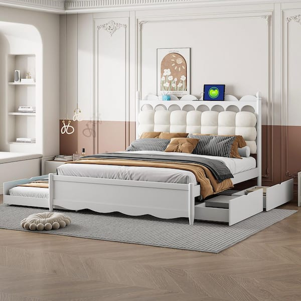 White Wood Frame Queen Size Velvet Upholstered Platform Bed with 2 Drawers, Twin Trundle, Sockets and USB Ports