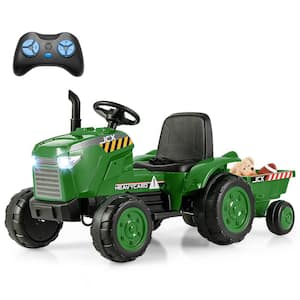 9 in. Kids Ride-On Car with Trailer Remote Control Lights Grayish Green