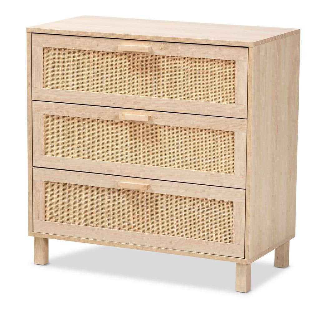 Sebille Light Brown Wood and Rattan 3-Drawer Chest