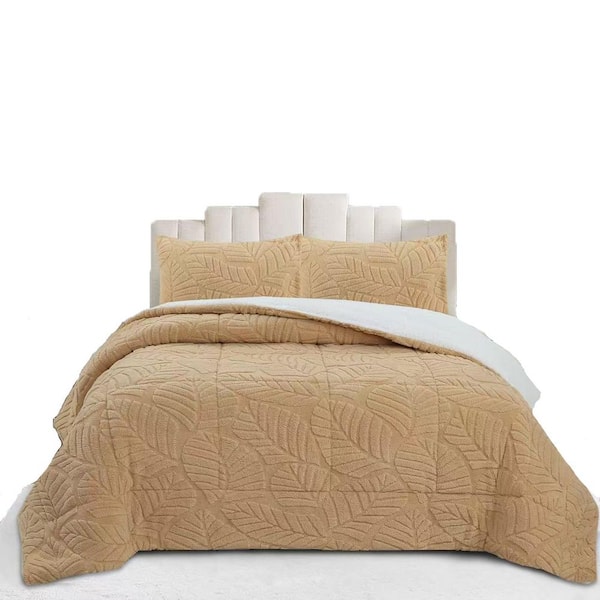 MEL 3-Pieces Beige Leaf Pattern Jacquard Queen Size Polyester Plush Comforter Set Warm
