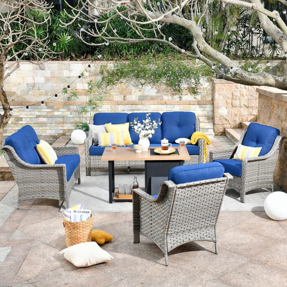 Verona Grey 5-Piece Wicker Outdoor Patio Conversation Sofa Loveseat Set with a Storage Fire Pit and Navy Blue Cushions price history on PriceWatchPro