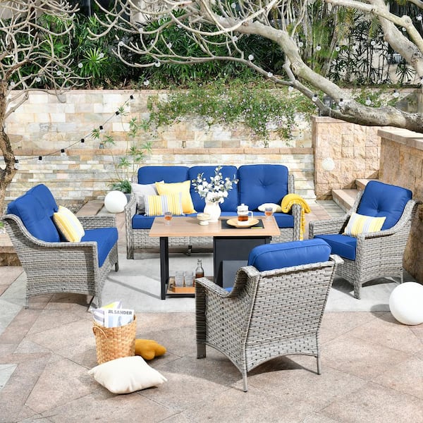 HOOOWOOO Verona Grey 5-Piece Wicker Outdoor Patio Conversation Sofa Loveseat Set with a Storage Fire Pit and Navy Blue Cushions