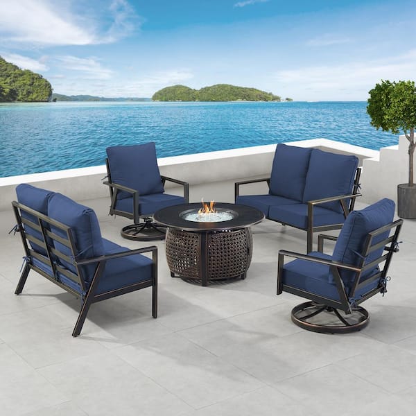 Oakland Living Black 7-Piece Aluminum Patio Fire Pit with 2-Deep Seating Loveseat and 2-Club Chairs Blue Cushions