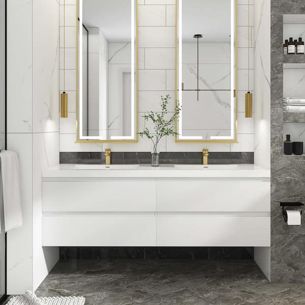 71 in. W x 19.5 in. D x 22.5 in. H Double Sink Wall-Mounted Bath Vanity in White with White Resin Top
