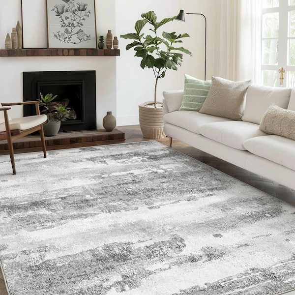 Zephyr Machine Washable Light Gray 9 ft. x 12 ft. Modern Abstract Indoor Area Rug