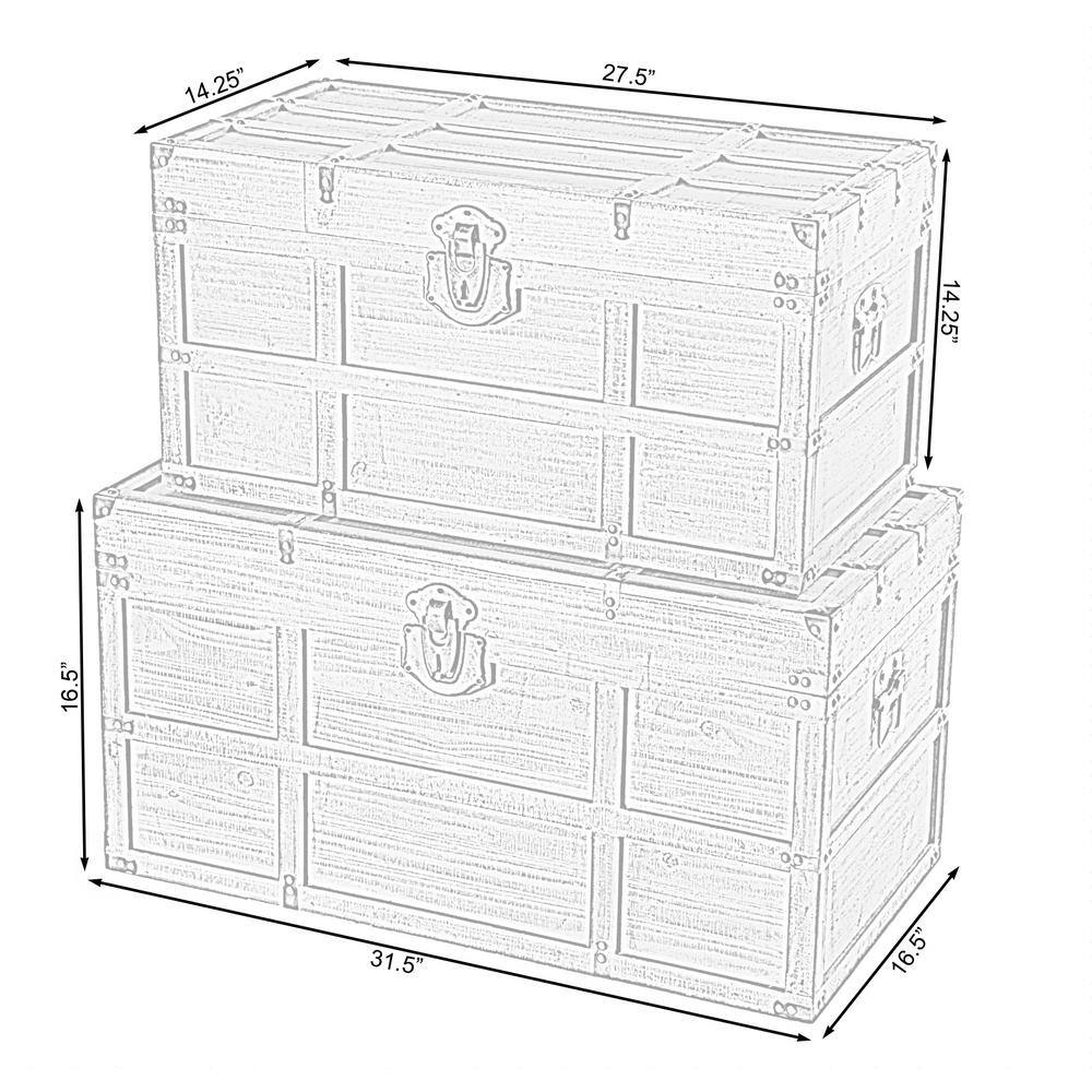 Rustic Wooden Rectangular Storage Trunk Set with Metal Accents