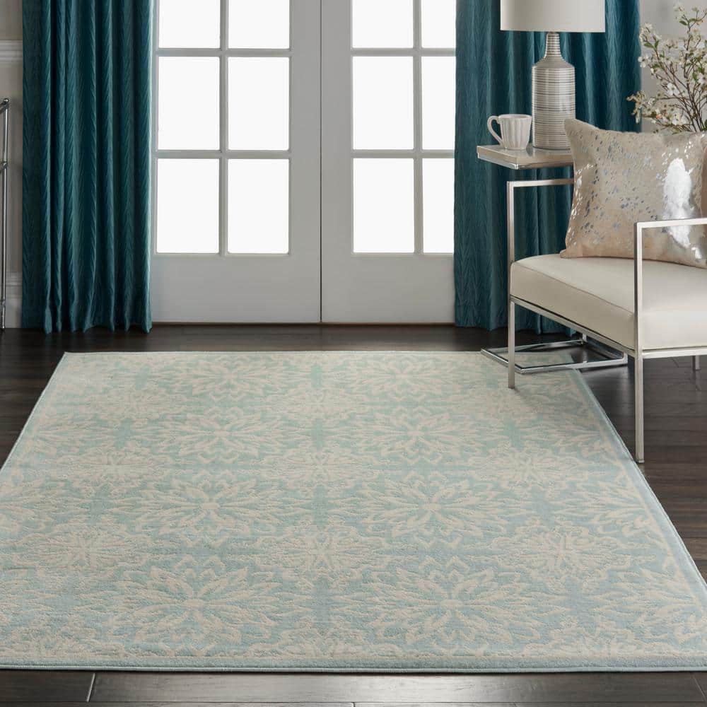 Elegant Ivory/Green Floral Synthetic 5'3" x 7'3" Easy-Care Rug