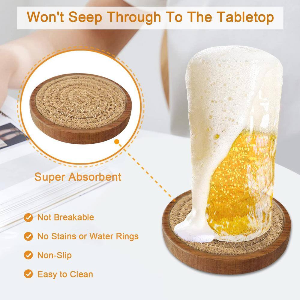 Round Wood and Woven Fabric Coasters with Holder, Set of 5