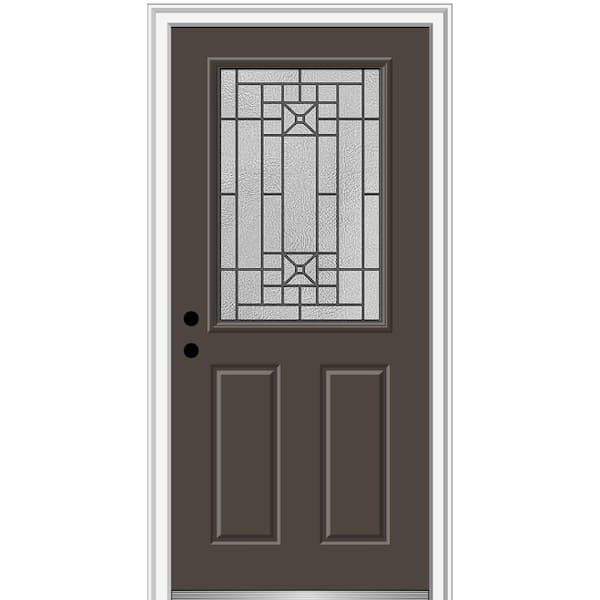 MMI DOOR Courtyard 32 in. x 80 in. Right-Hand 1/2-Lite Decorative Brown Fiberglass Smooth Prehung Front Door on 4-9/16 in. Frame