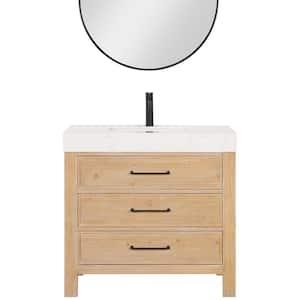 León 36 in.W x 22 in.D x 34 in.H Single Sink Bath Vanity in Fir Wood Brown with White Composite Stone Top and Mirror