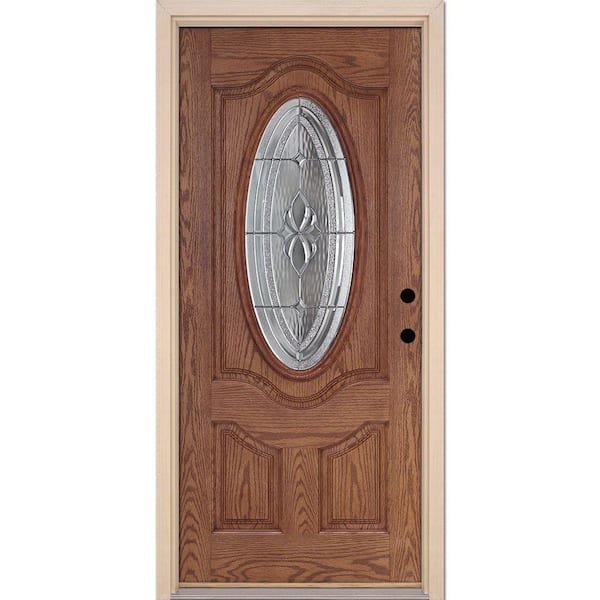 Feather River Doors 35.5 in. x 81.625 in. Duvall Zinc 3/4 Oval Lite Stained Medium Oak Wood Left-Hand Inswing Fiberglass Prehung Front Door