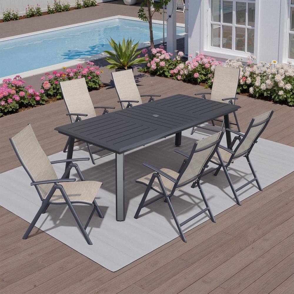 7-Piece 83 in. High-end Black Rectangle Aluminum Patio Outdoor Dining Set with Esspreso Adjustable Backrest Metal Chair price history on PriceWatchPro