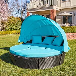 3-Piece Wicker Outdoor Day Bed with Canopy, Blue Cushions