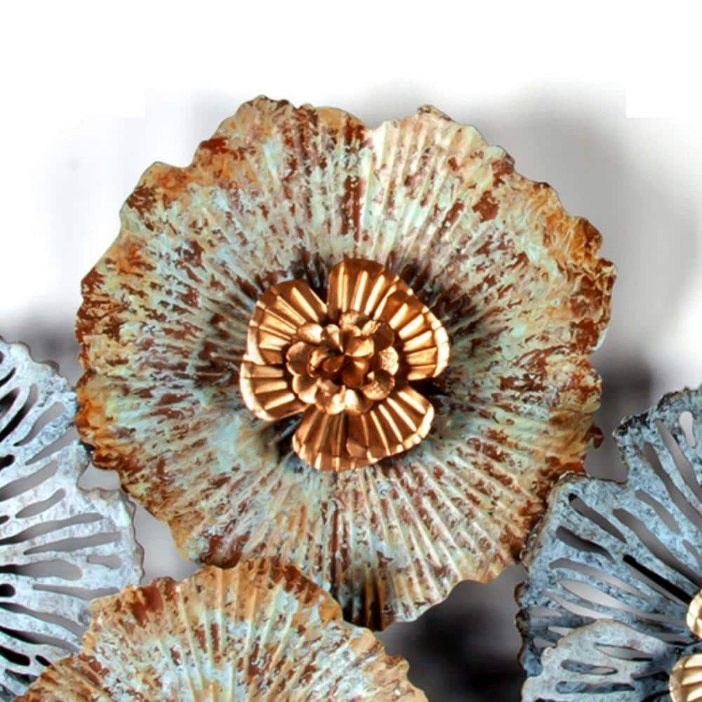 Distressed Blue and Gold Floral Iron Wall Sculpture