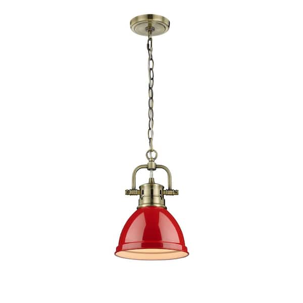 Golden Lighting Duncan AB 1-Light Aged Brass Pendant with Red Shade