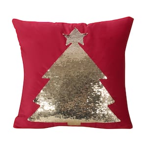 Tijeras Red and Gold Sequin Tree Velvet 18 in. x 18 in. Christmas Throw Pillow