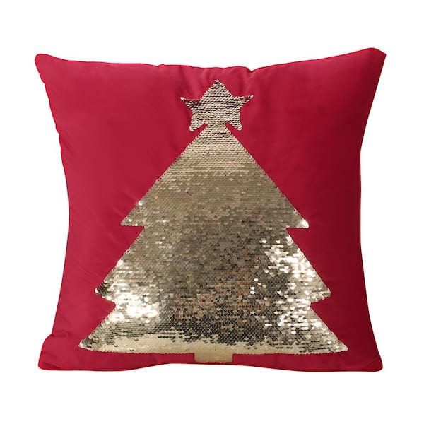 Noble House Tijeras Red and Gold Sequin Tree Velvet 18 in. x 18 in. Christmas Throw Pillow