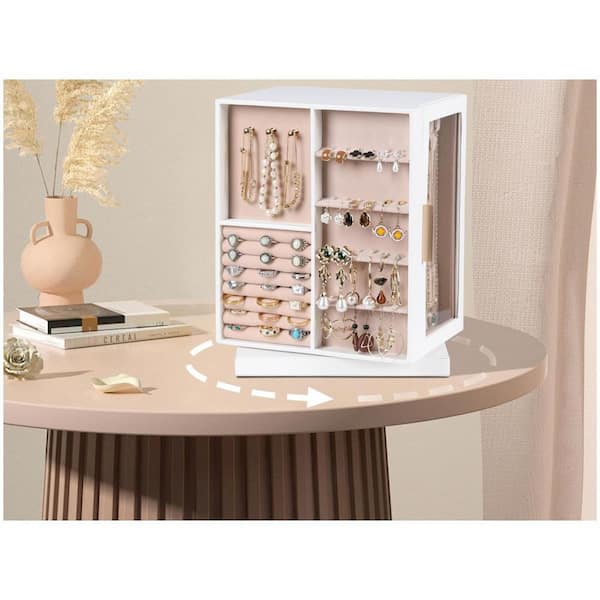 White PU leather 360° rotating jewelry box with 6 drawers and