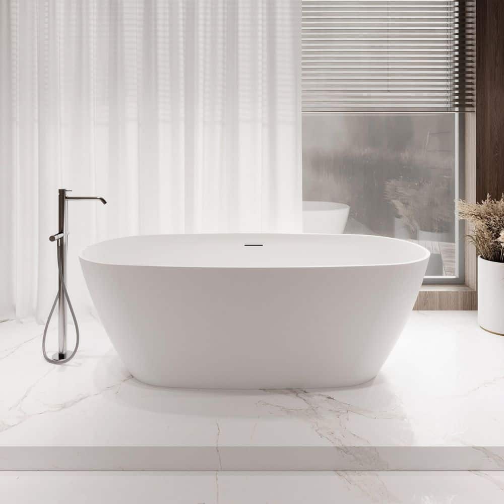 67" Matte White Stone Resin Freestanding Soaking Tub with Chrome Drain