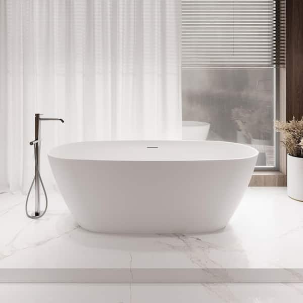 Streamline 67 in. x 30 in. NS5840CH Stone Resin Freestanding Soaking Bathtub in Matte White with Polished Chrome Drain, Bamboo Tray