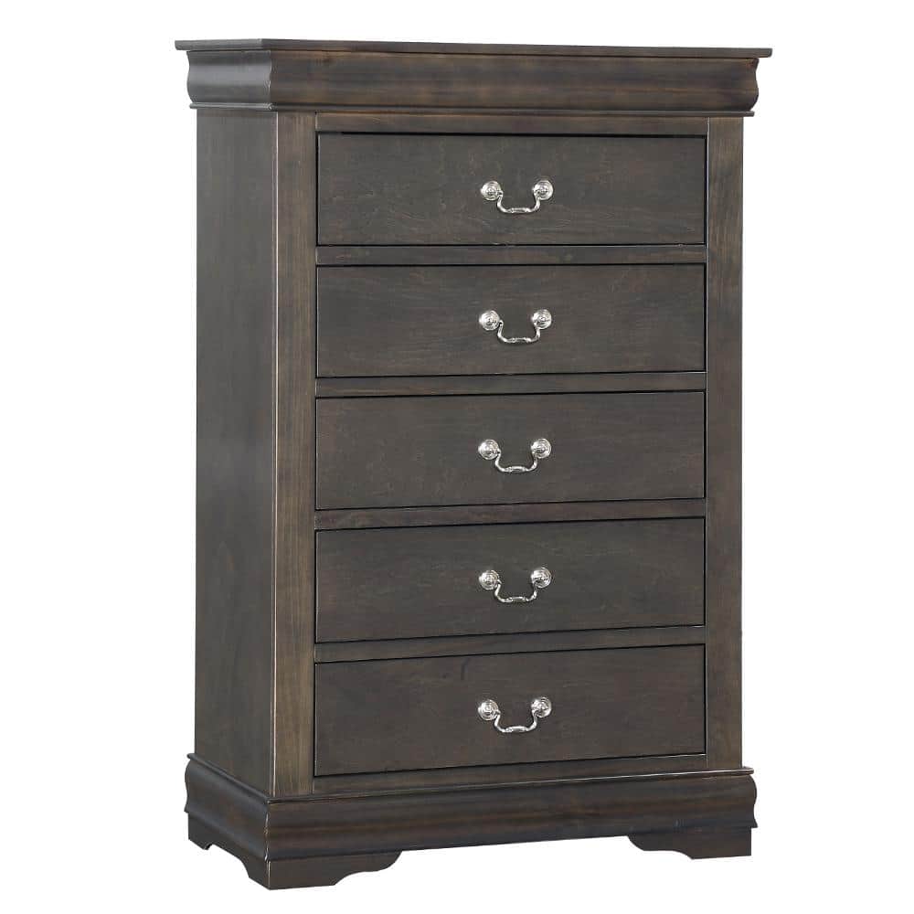 Elegant Gray Wooden Chest with Five Dovetail Drawers and Nickel Handles