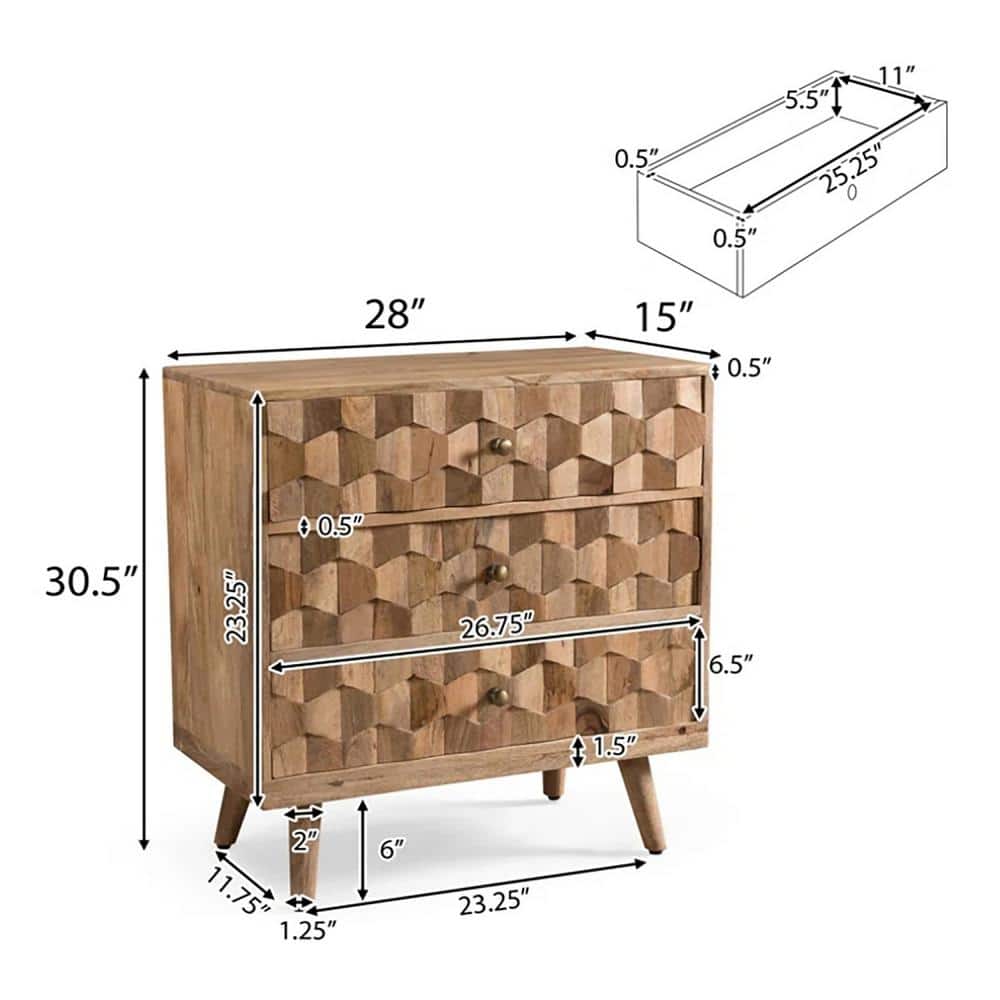 Poppy Mid-Century Mango Wood 3-Drawer Chest with 3D Weave