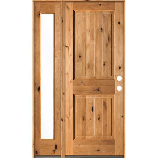 Krosswood Doors 44 in. x 80 in. Rustic Knotty Alder 2 Panel Left-Hand/Inswing Clear Glass Clear Stain Wood Prehung Front Door w/Sidelite