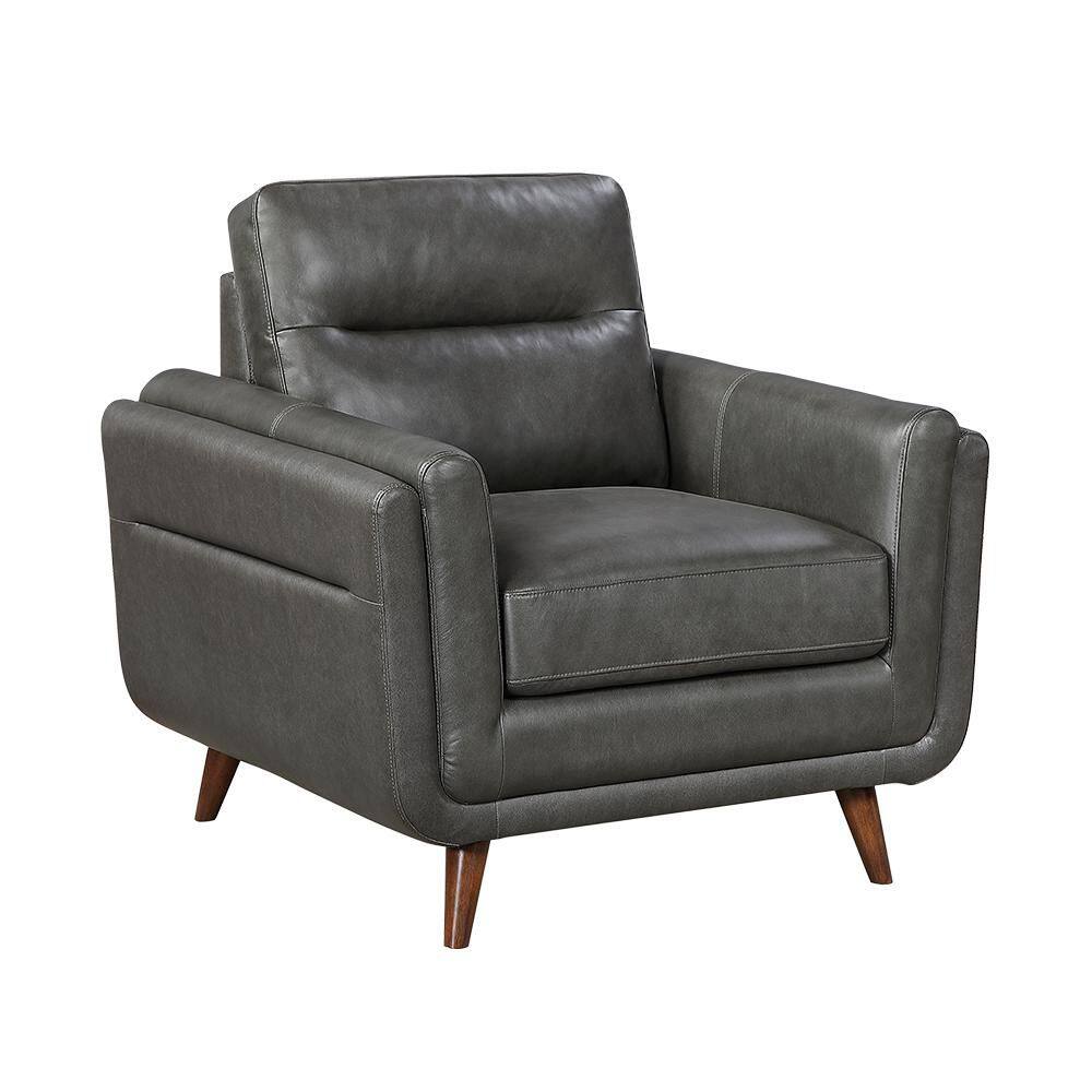 Single dark gray leather armchair with track arms.