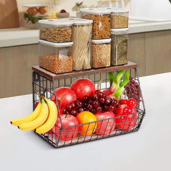 Lynzavix 1 Piece Metal Fruit Vegetable Storage Bin with Wooden