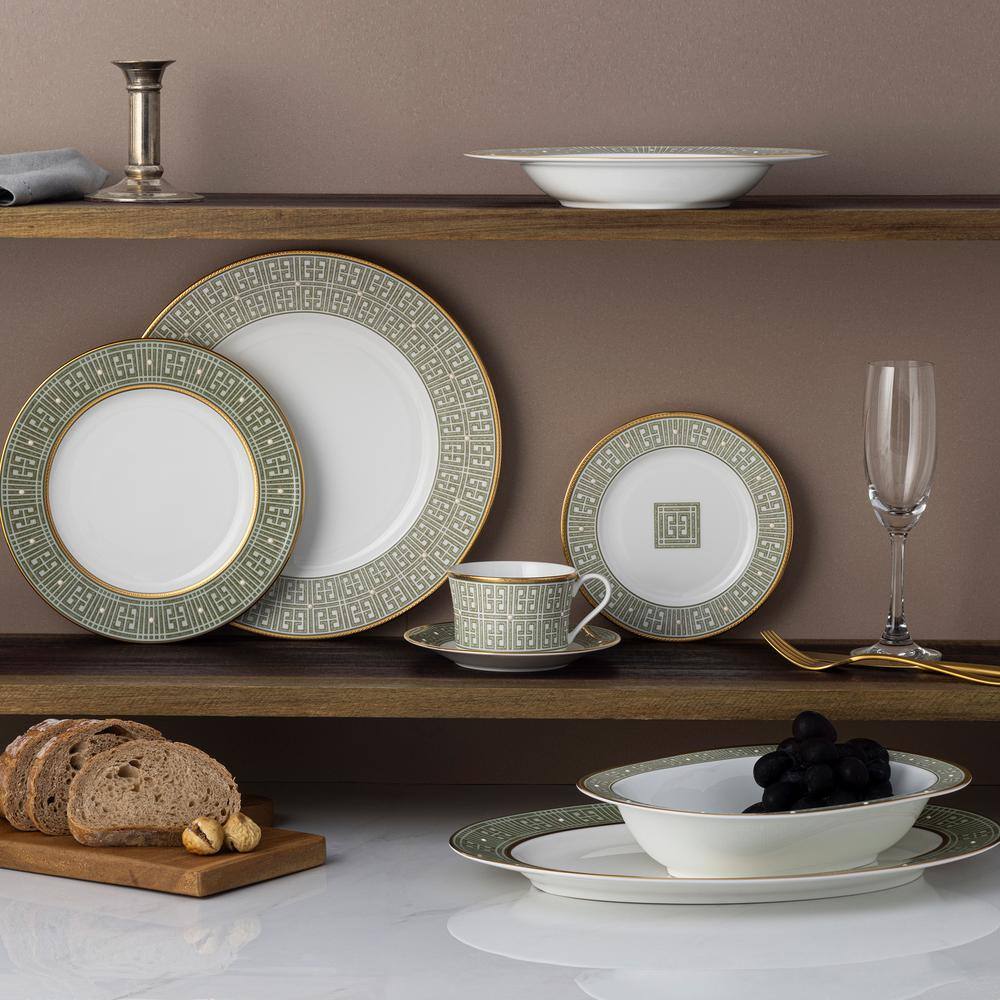 Green and Gold Porcelain 12-Piece Dinnerware Set, Service for 4
