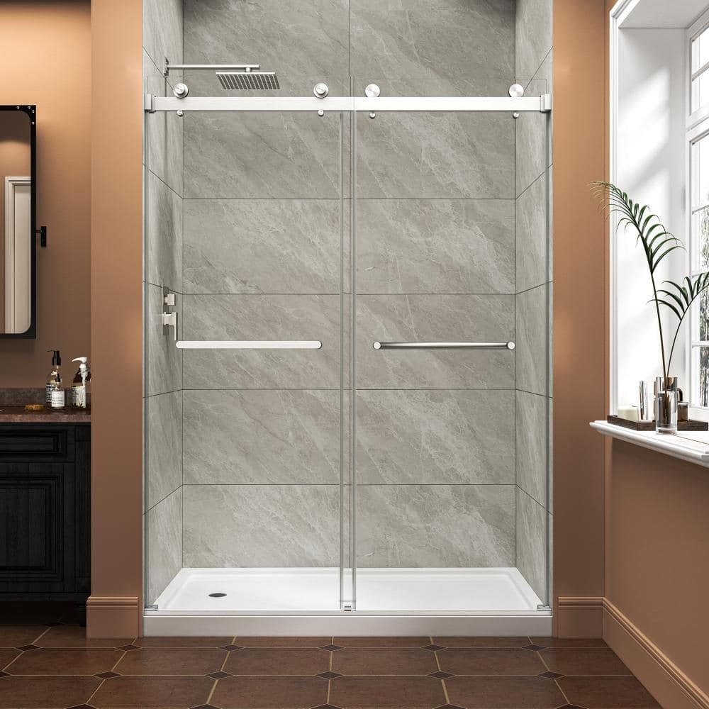 "55-60""W x 76""H Frameless Double Bypass Sliding Shower Door Brushed Nickel 8mm Glass Nano Explosion-proof Film" price history on PriceWatchPro