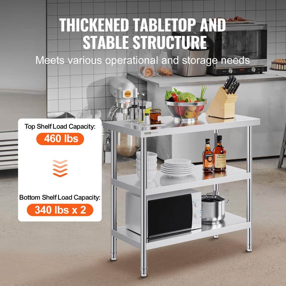VEVOR 18 x 36 x 34 Inch Stainless Steel Kitchen Work Table with Adjustable Shelves