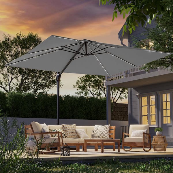 10 x 8 ft. Metal LED Rectangle Cantilever Patio Umbrella Solution-Dyed Fabric and 360° Rotation System in Gray