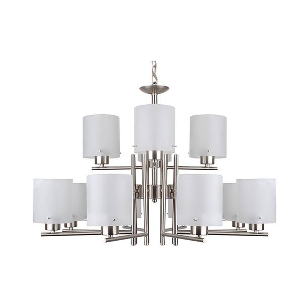 Green Matters 12-Light Satin Nickel Chandelier with Etched Acid Wash Glass Shade