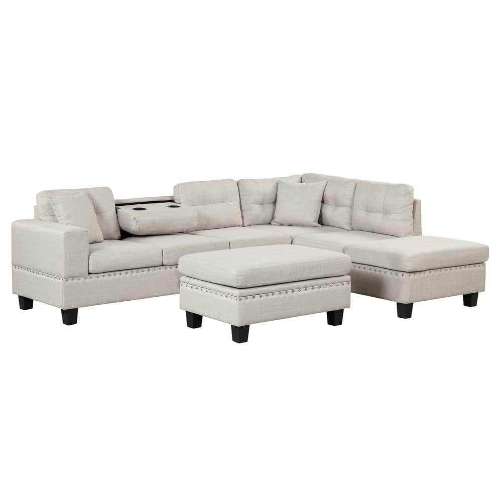 105 in. Square Arm Linen L-shaped Sofa with Storage Ottoman in. Light Gray
