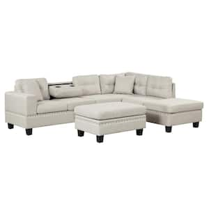 105 in. Square Arm Linen L -Shaped Sofa with Storage Ottoman in Light Gray