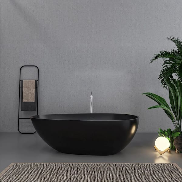 Xspracer Moray 59 in. x 30.7 in. Solid Surface Stone Resin Flatbottom Freestanding Soaking Bathtub in Matte Black