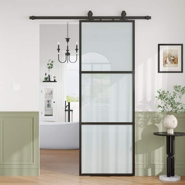 32 in. x 84 in. 3 Lite Frosted Glass Black Metal Frame Interior Sliding Barn Door with Hardware kit